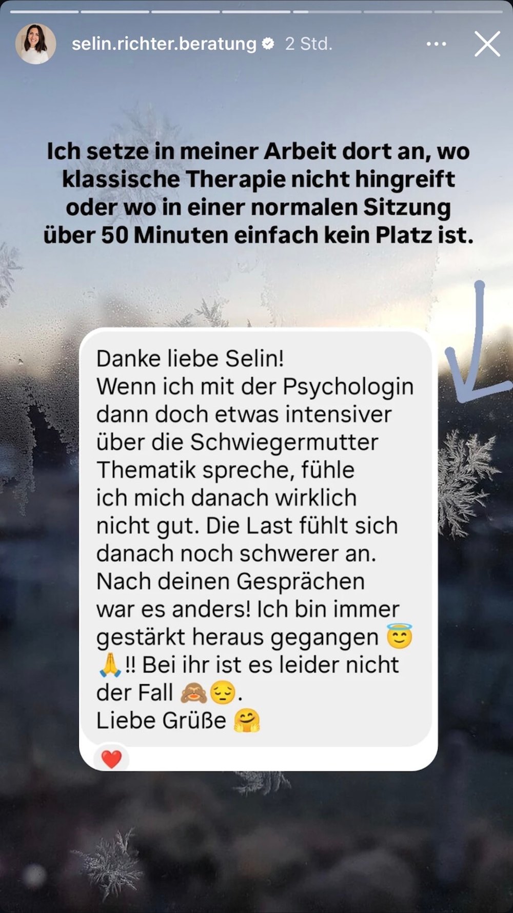 Original-Nachricht einer Klientin von Selin Richter